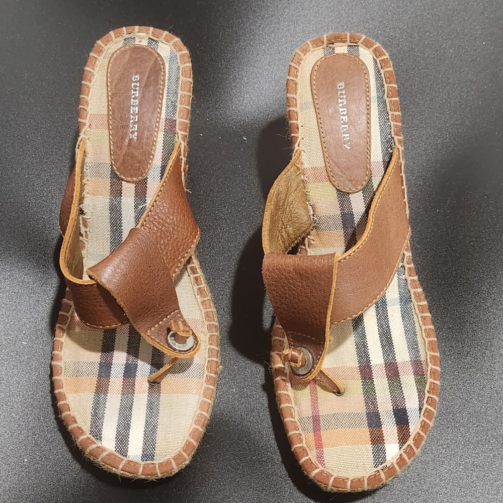 Burberry Nova Check Espadrille Wedge Sndals Brown Leather Thong Size 40 US 9-9.5